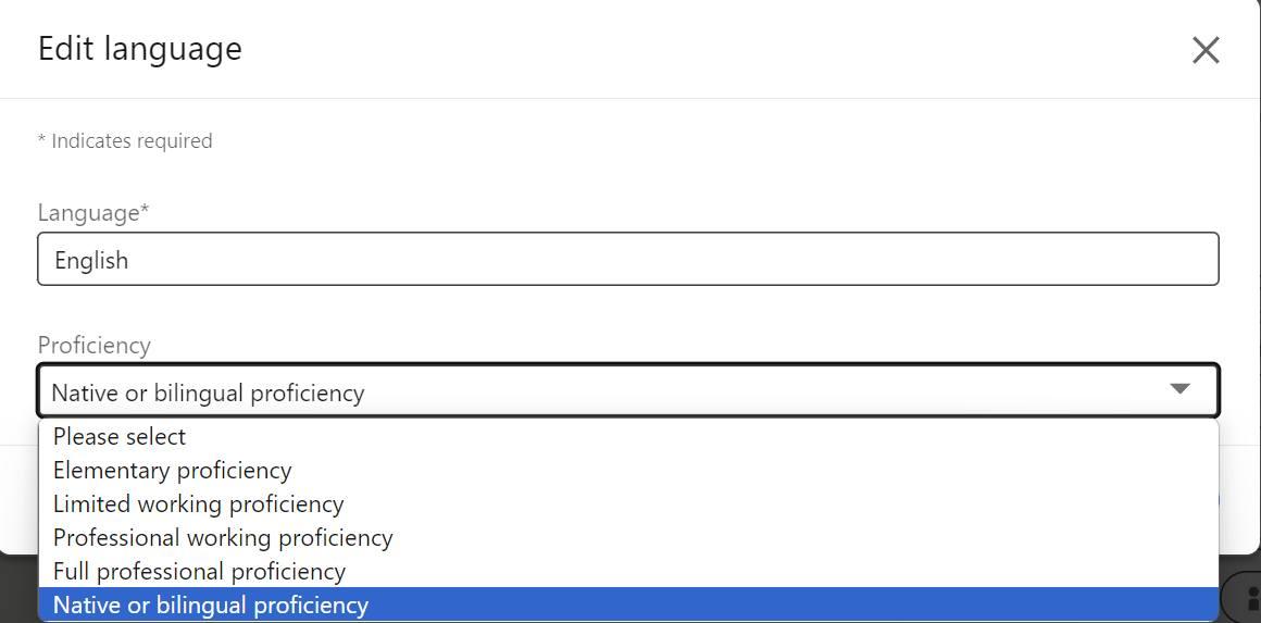 Ai đã từng làm profile LinkedIn rồi thì chắc chắn biết cái này.
Đối với một số người, cái này thì hơi khó chọn giữa Full Professional Proficiency và Bilingual Proficiency 😅.