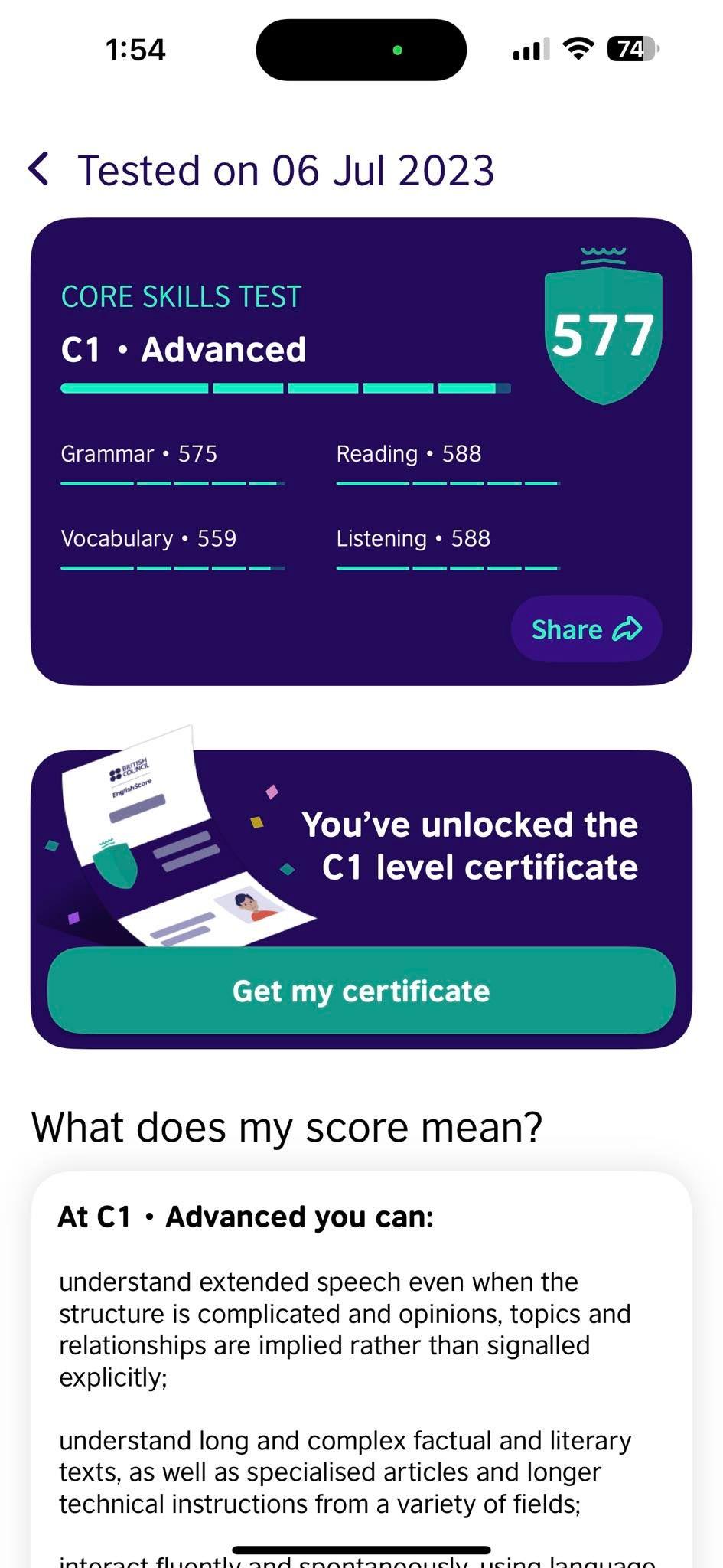 Điểm overall EnglishScore hơn 1 năm trước được đúng 1 điểm 😂. 

Ai làm được vocabulary với grammar không sai câu nào đi chứ mình là bó tay rồi. :))