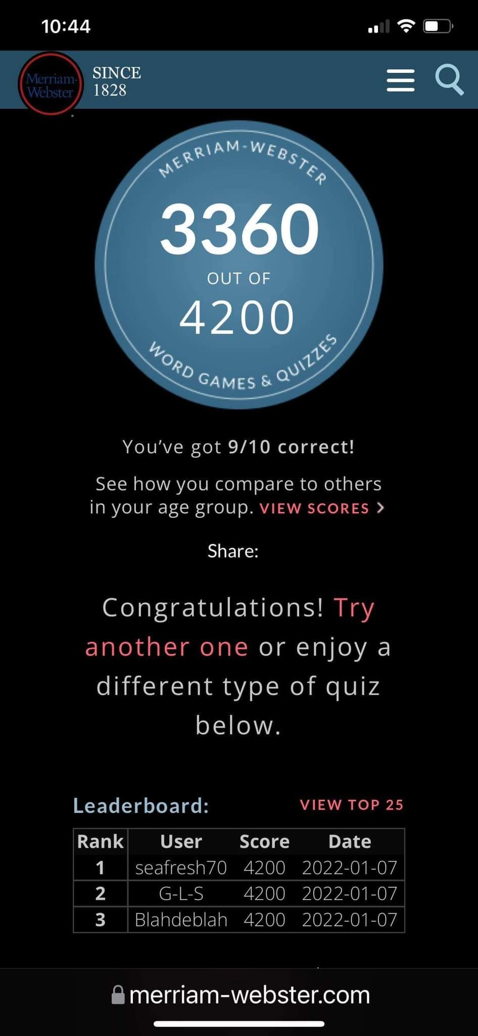 Một game luyện từ vựng rất hay và khó. Challenging với cả 8.5-9.0 IELTS và cả native speakers nhé :))

Link nè: https://www.merriam-webster.com/games/vocabulary-quiz